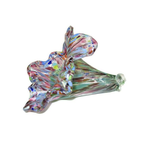 Hand Blown Art Glass Flower Petal Trinket Dish Confetti Colorful Thick 8 X 4" - Picture 1 of 3